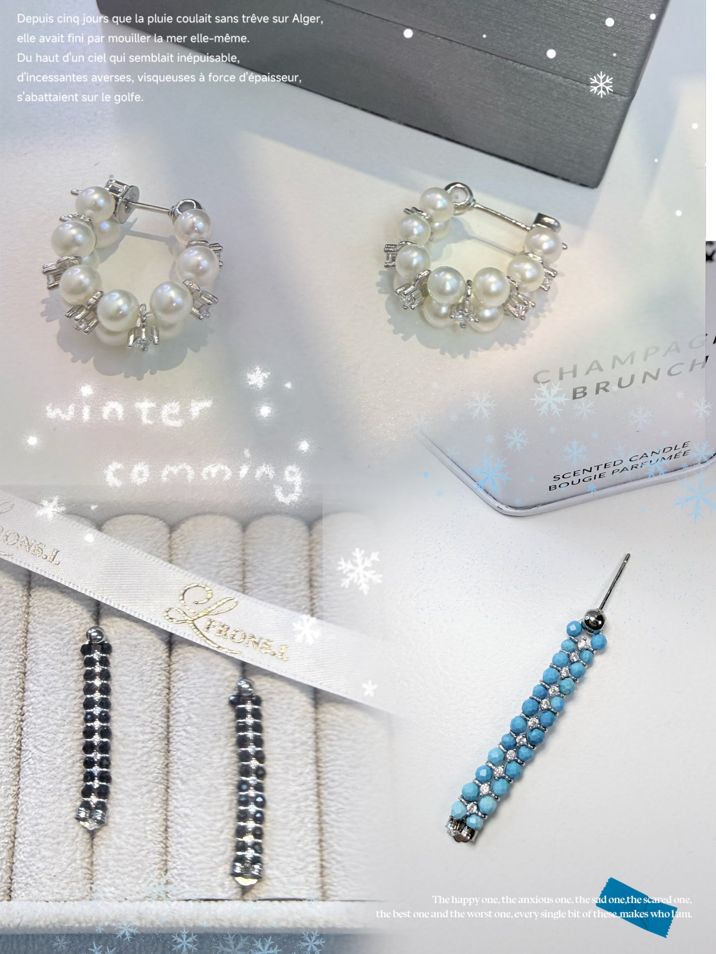 Wearing two pearl, turquoise and black spinel earrings